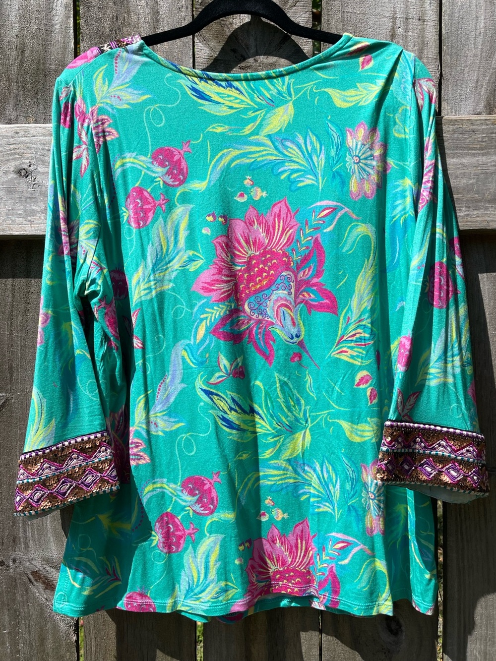 Soft Surroundings Sequined Turquoise Floral Embroidered V-Neck Blouse Sz 1X - Picture 11 of 13